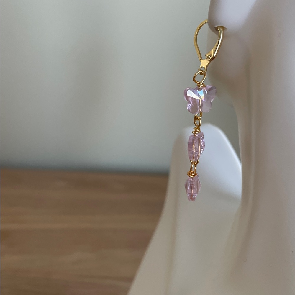HAND CRAFTED PINK CRYSTAL BUTTERFLY EARRINGS - Picture 5 of 12